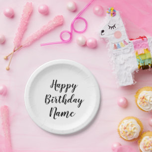 simple minimal happy birthday add your name paper plate