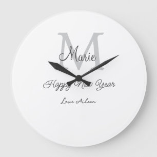 simple minimal happy new year monogram gray name large clock