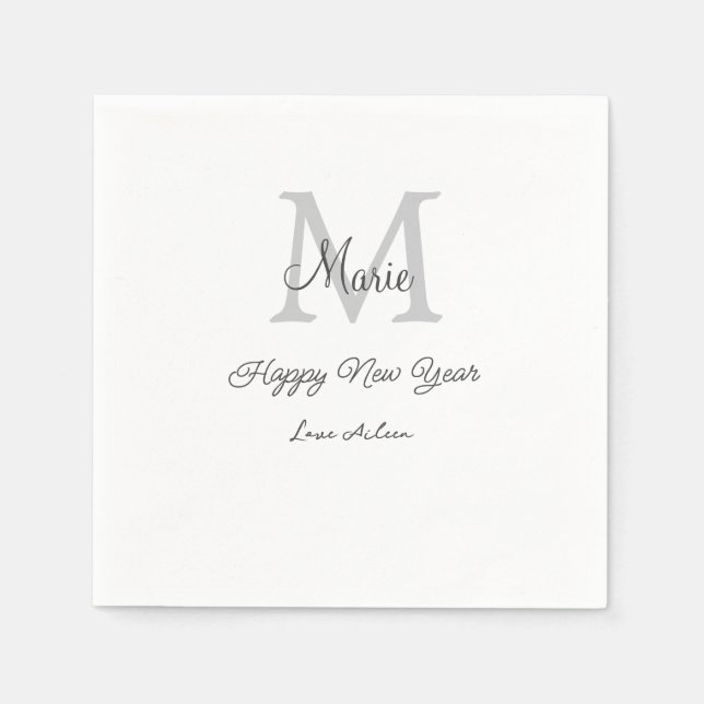 simple minimal happy new year monogram gray name  napkin (Front)