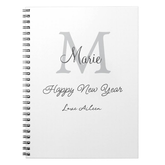 simple minimal happy new year monogram gray name  notebook (Front)