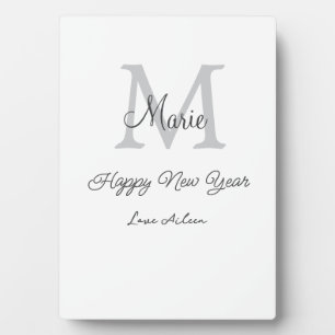 simple minimal happy new year monogram gray name  plaque