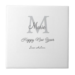 simple minimal happy new year monogram gray name tile