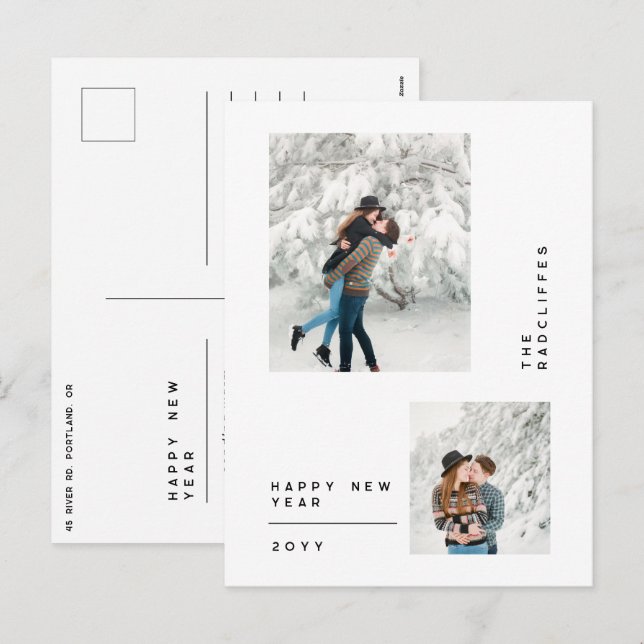 simple minimal happy new year multi photo holiday postcard (Front/Back)