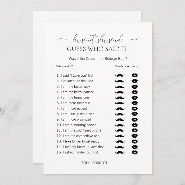 Simple Minimal He Said She Said Bridal Shower Game Invitation (Front/Back)