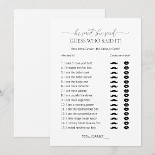 Simple Minimal He Said She Said Bridal Shower Game Invitation