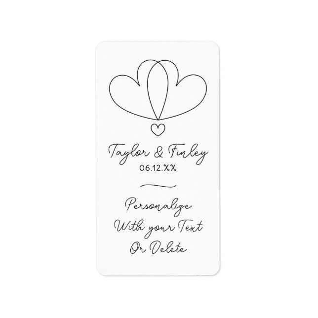   Simple Minimal Heart Modern Custom Names Wedding Label (Front)