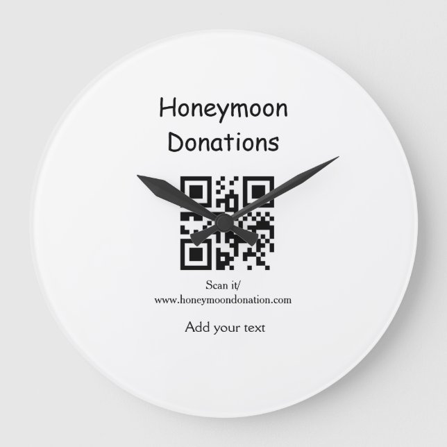 Simple minimal honeymoon donations wedding q r cod large clock (Front)