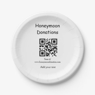Simple minimal honeymoon donations wedding q r cod paper plate