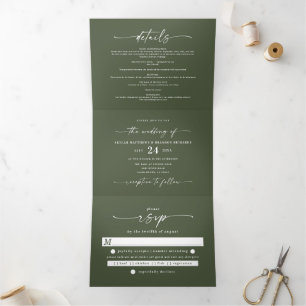 Simple Minimal Hunter Dark Green Budget Wedding Tri-Fold Invitation