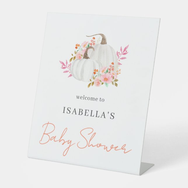 Simple Minimal Little Pumpkin Baby Shower Welcome Pedestal Sign (Front)