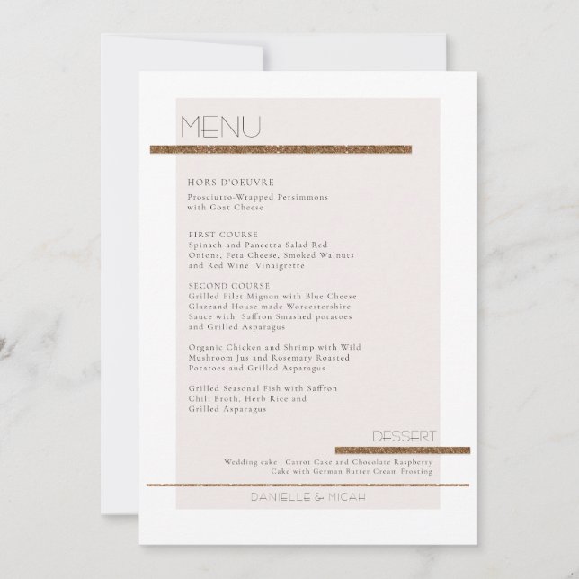 Simple Minimal Modern Blush Pink Gold White Menu Invitation (Front)