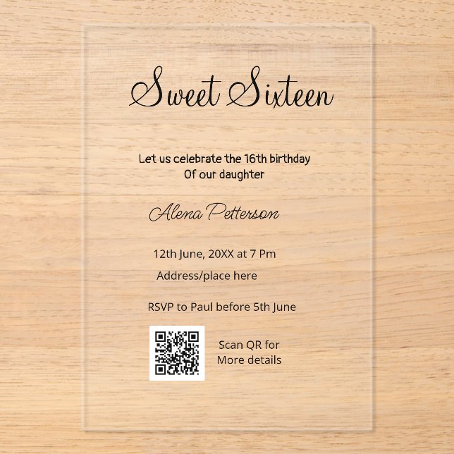 Simple minimal modern QR  Sweet sixteen birthday  Acrylic Invitations (Front)