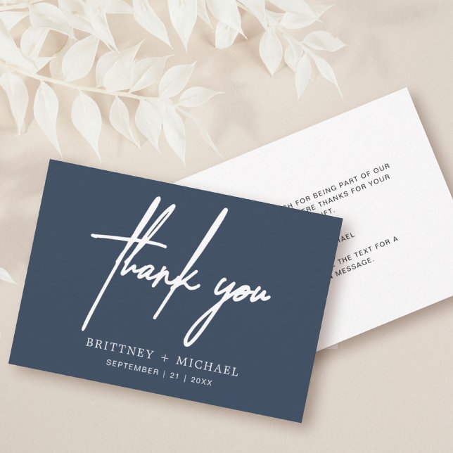 Simple Minimal Modern Script Dusty Navy Blue Thank You Card (Creator Uploaded)
