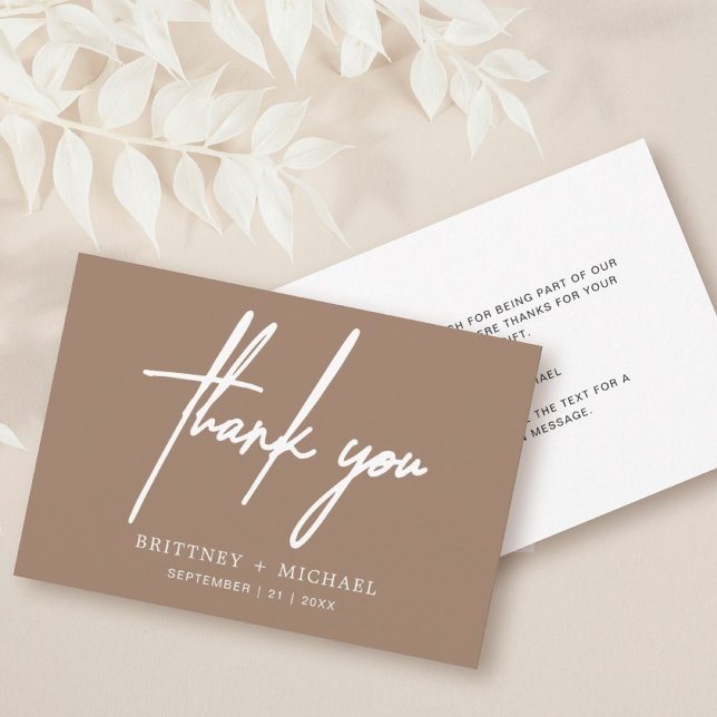 Simple Minimal Modern Script Tan Thank You Card (Creator Uploaded)