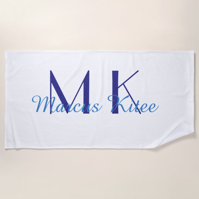 simple minimal monogram personalised name blue ret beach towel (Front)