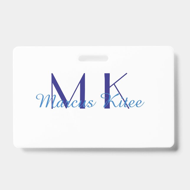 simple minimal monogram personalised name blue ret ID badge (Front)