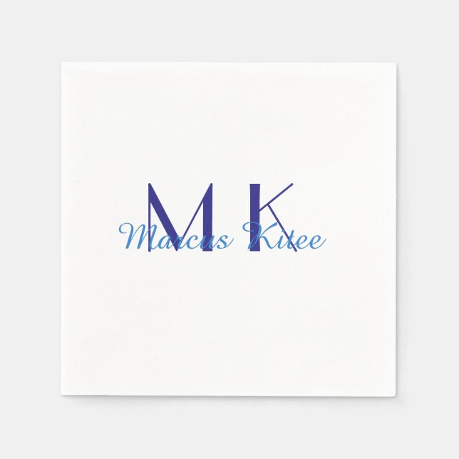 simple minimal monogram personalised name blue ret napkin (Front)
