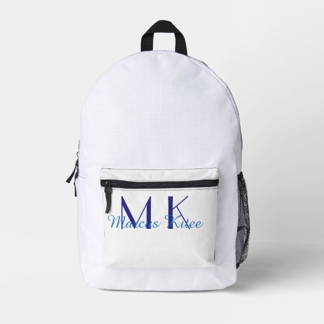 simple minimal monogram personalised name blue ret printed backpack (Front)