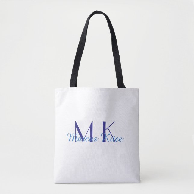 simple minimal monogram personalised name blue ret tote bag (Front)
