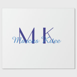 simple minimal monogram personalised name blue ret wrapping paper