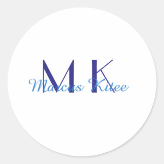 simple minimal monogram personalized name blue ret classic round sticker