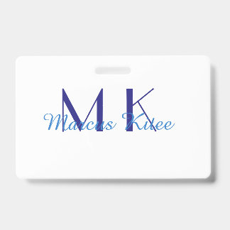 simple minimal monogram personalized name blue ret ID badge