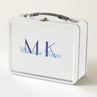 simple minimal monogram personalized name blue ret metal lunch box