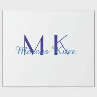 simple minimal monogram personalized name blue ret wrapping paper