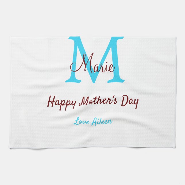 simple minimal mother's day blue monogram pink nam tea towel (Horizontal)