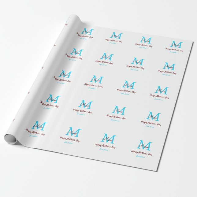 simple minimal mother's day blue monogram pink nam wrapping paper (Unrolled)