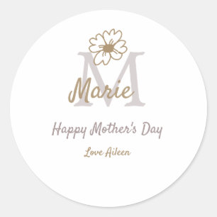 simple minimal mother's day monogram golden gray f classic round sticker