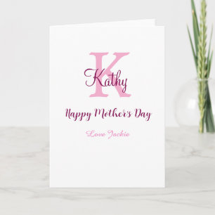 simple minimal mother's day monogram pink name tex card