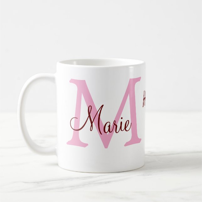 simple minimal mother's day monogram pink name tex coffee mug (Left)