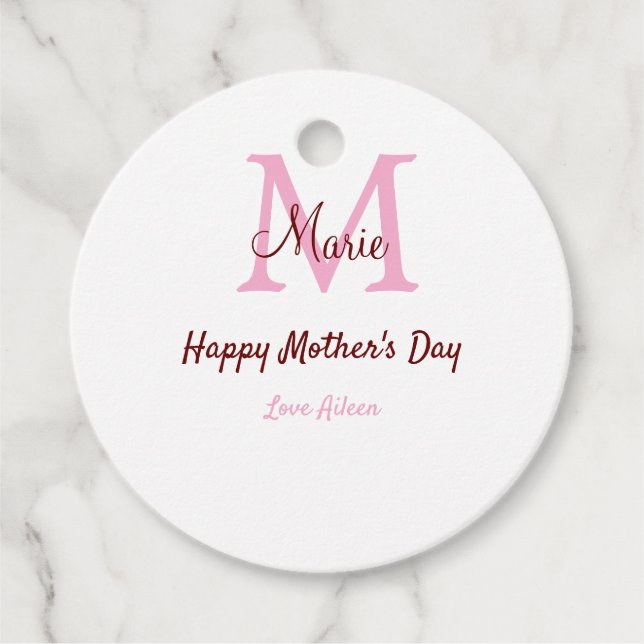 simple minimal mother's day monogram pink name tex favour tags (Front)