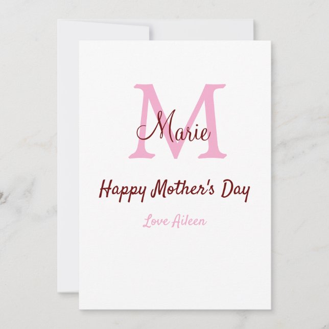simple minimal mother's day monogram pink name tex holiday card (Front)