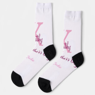 simple minimal mother's day monogram pink name tex socks
