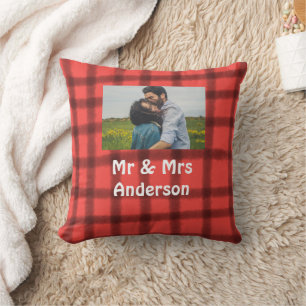 Simple minimal mr and mrs add your name photo red cushion
