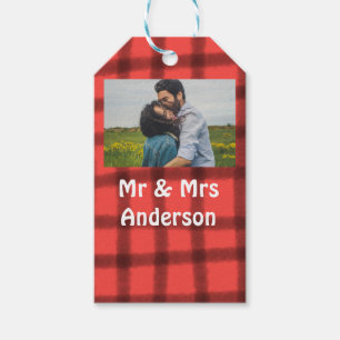 Simple minimal mr and mrs add your name photo red  gift tags