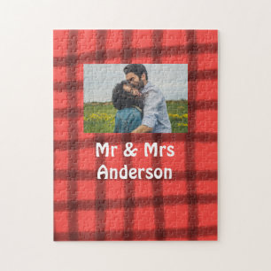 Simple minimal mr and mrs add your name photo red  jigsaw puzzle