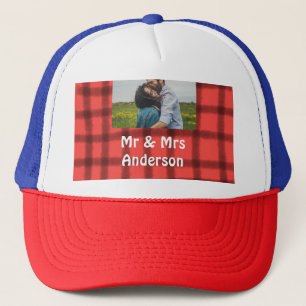 Simple minimal mr and mrs add your name photo red trucker hat