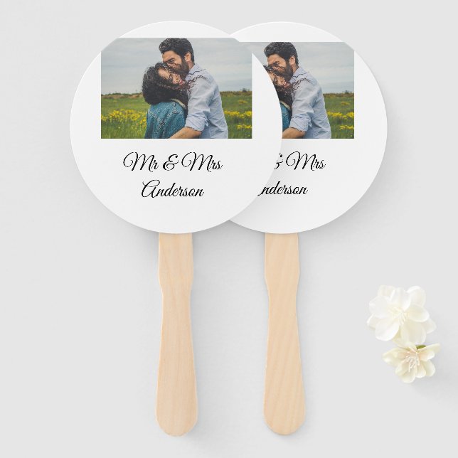 Simple minimal mr and mrs add your name photo wedd hand fan (Front and Back)