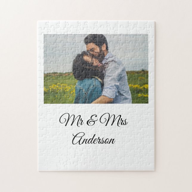 Simple minimal mr and mrs add your name photo wedd jigsaw puzzle (Vertical)