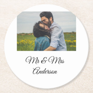 Simple minimal mr and mrs add your name photo wedd round paper coaster