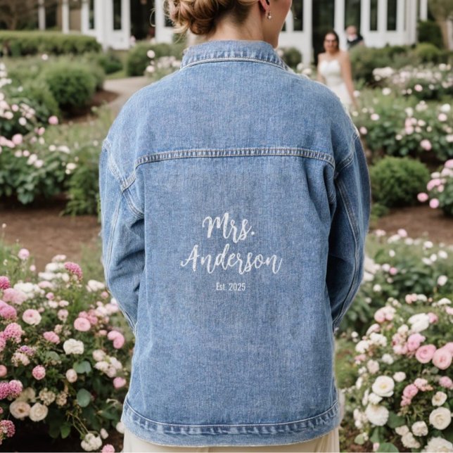 Simple Minimal Mrs Est. Date Bride Denim Jacket (Personalized Wedding Script Est. Date Denim Jacket)