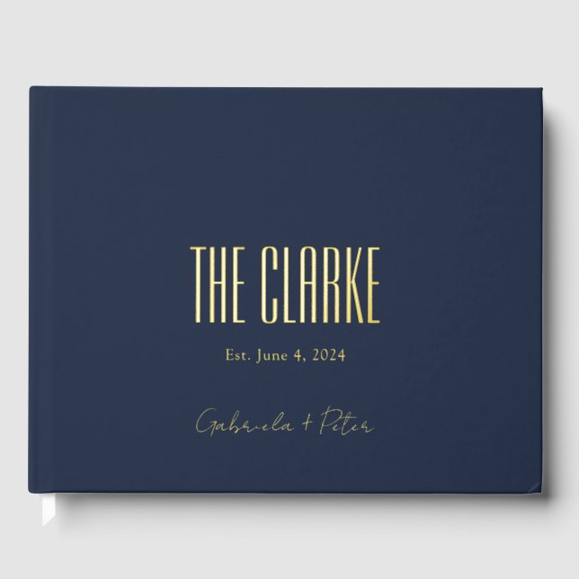 Simple Minimal Navy and Gold Foil Modern Wedding Guest Book (Front)