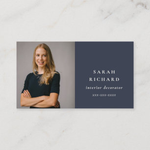 Simple Minimal Navy Blue Professional Custom Photo Business Card