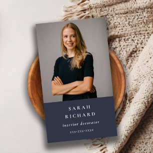 Simple Minimal Navy Blue Professional Custom Photo Business Card