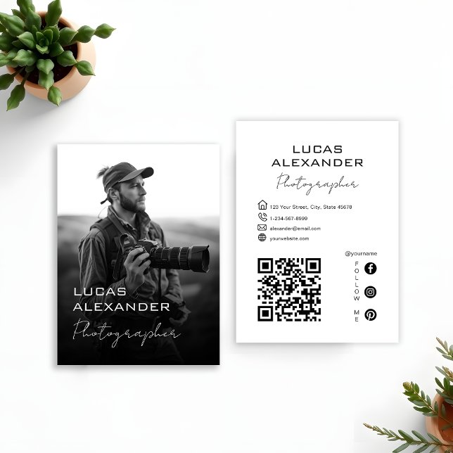 Simple Minimal OR Code Social Media Photographer Business Card (Creator Uploaded)