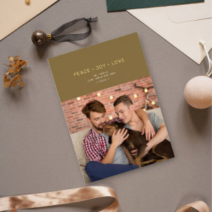 Simple Minimal Peace Joy Love Green Gold  Foil Holiday Card