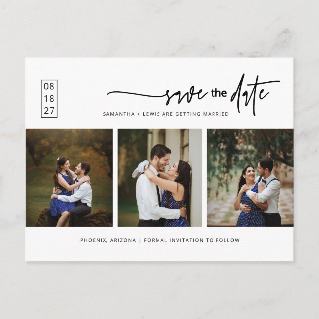 Simple Minimal Photo Collage QR Code Save the Date Postcard (Front)